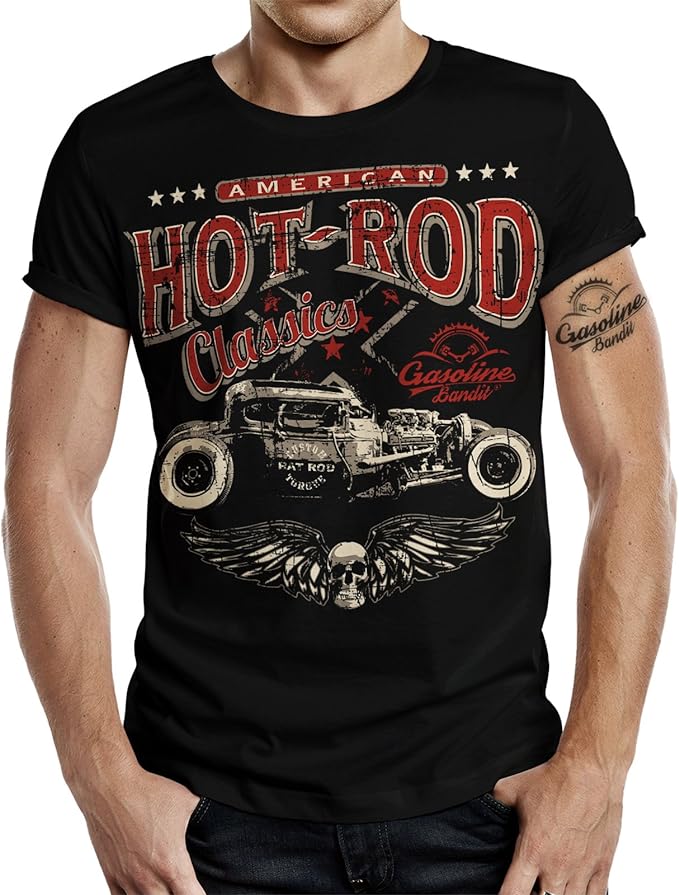 Camiseta Rockabilly negra con una moto en el pecho y con la palabra en rojo Hoy Rod