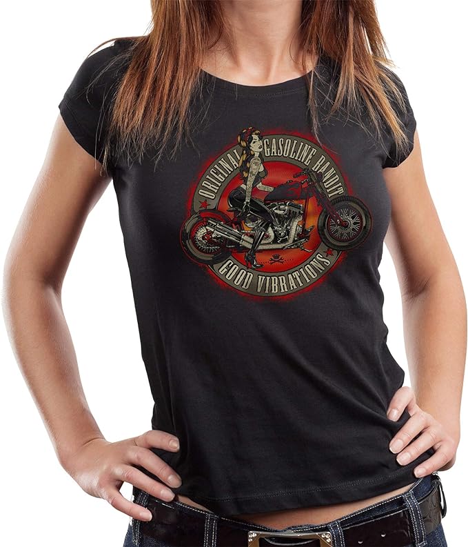 Camiseta Rockabilly Mujer negra con una moto en el pecho
